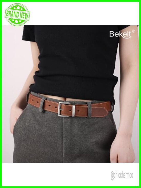 Genuine Leather Belt with Matte Gold/Silver Buckle for Jeans Pants
